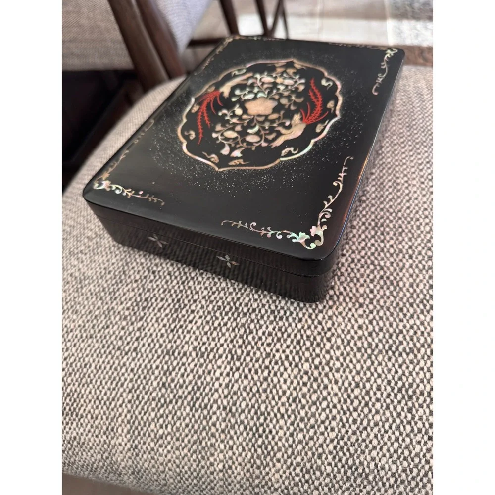 Korean Black Lacquer Box Mother of Pearl Inlay Phoenix Floral Hanji Najeonchilgi